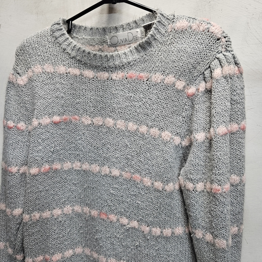 OLIVIA DEE Vintage Womens Small Grey & Pink acrylic/mohair Wool Sweater 80s 90s